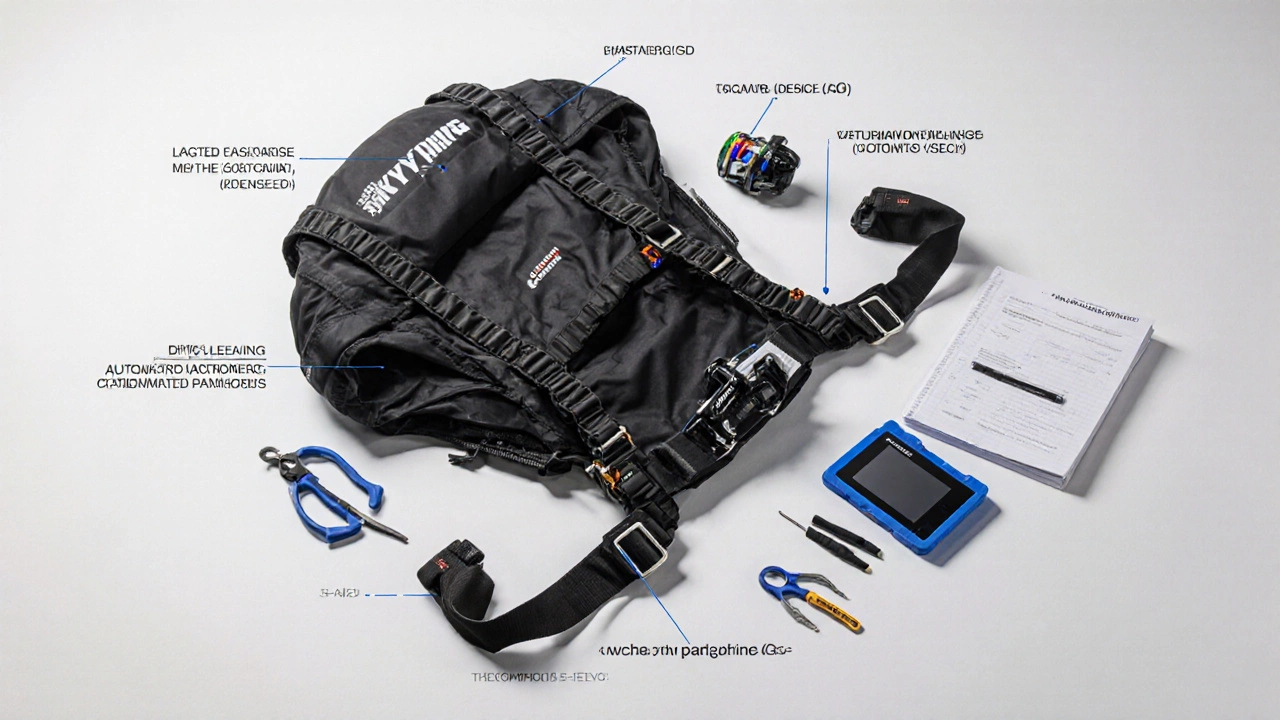 Modern skydiving rig with main, reserve, and automatic activation device