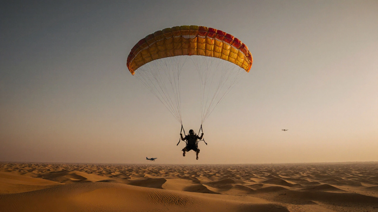 Parachute opening over Thar Desert at sunset