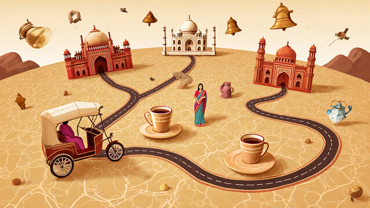 Stylized map of India&#039;s Golden Triangle with iconic landmarks and cultural symbols floating above Delhi, Agra, and Jaipur.