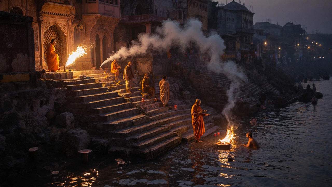 Varanasi ghats at dusk with diyas, smoke, and pilgrims by the Ganges.