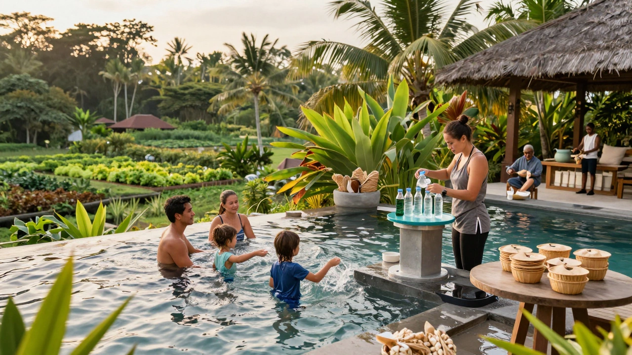 A family enjoying a saltwater pool at a Bali resort with reusable water bottles and organic gardens nearby.