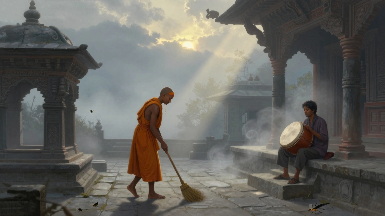 A Jain monk sweeps a temple path at dawn as a traveler sits quietly nearby, mist curling around ancient stones in quiet solitude.