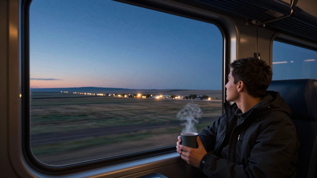 A lone traveler gazes out the window of a sleeper car under a starry sky across the Great Plains.