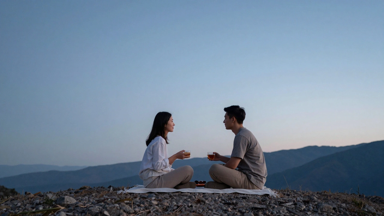A modern couple sharing a quiet picnic under the stars on a hilltop.