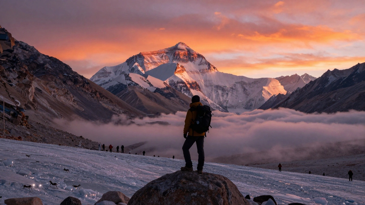 A solitary hiker stands on Kala Patthar at sunrise, facing the towering peaks of Everest and Lhotse.
