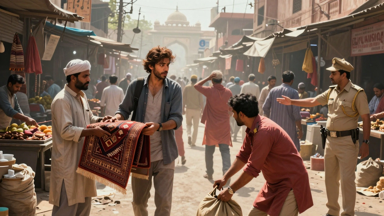 A traveler in Delhi&#039;s crowded market is surrounded by vendors and touts, one offering a carpet, another reaching for a bag.