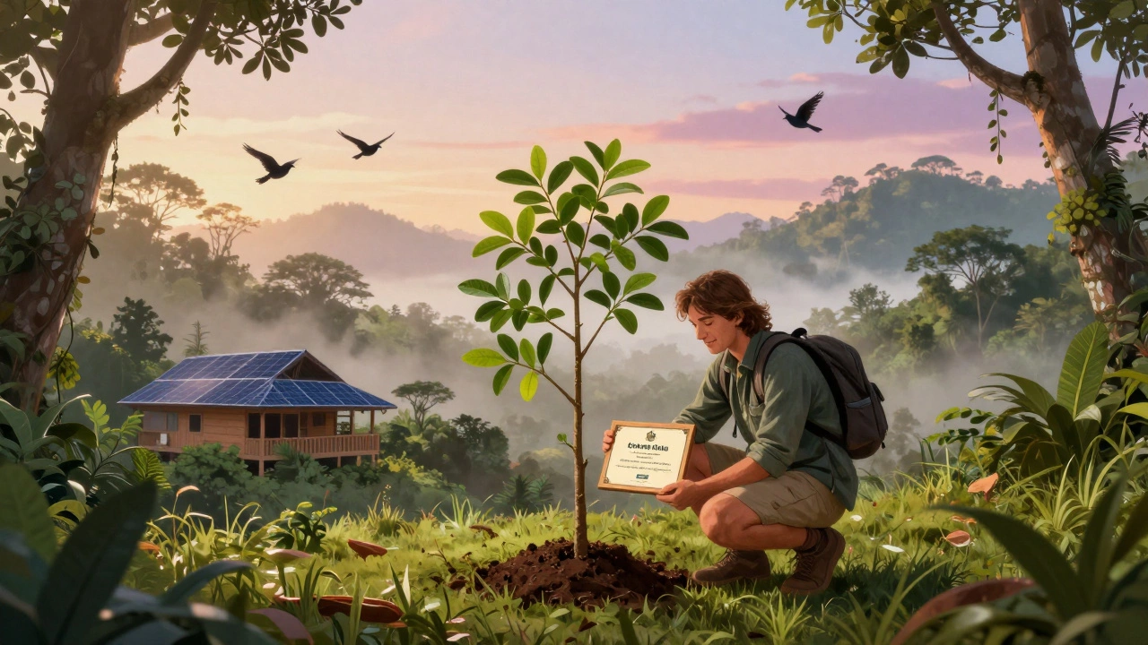 A traveler planting a tree with a personalized certificate in a misty Costa Rican forest at sunrise.