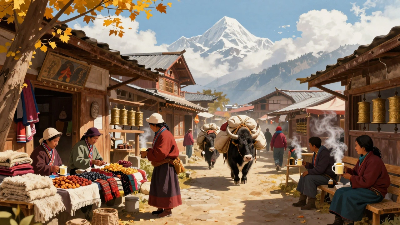 A vibrant Sherpa market in Namche Bazaar with teahouses, prayer flags, and trekkers enjoying hot tea.