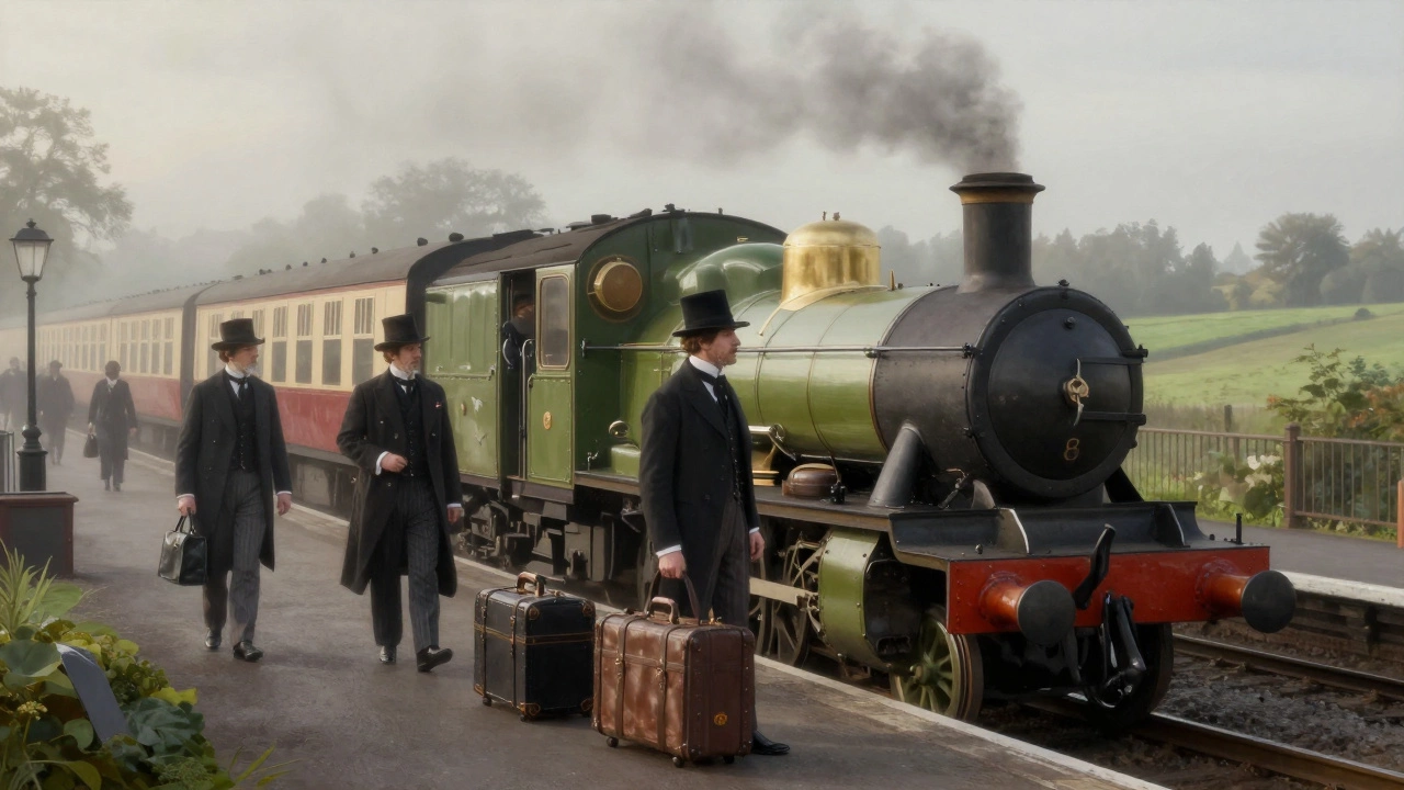 A Victorian-era couple boarding a steam train for their wedding trip.