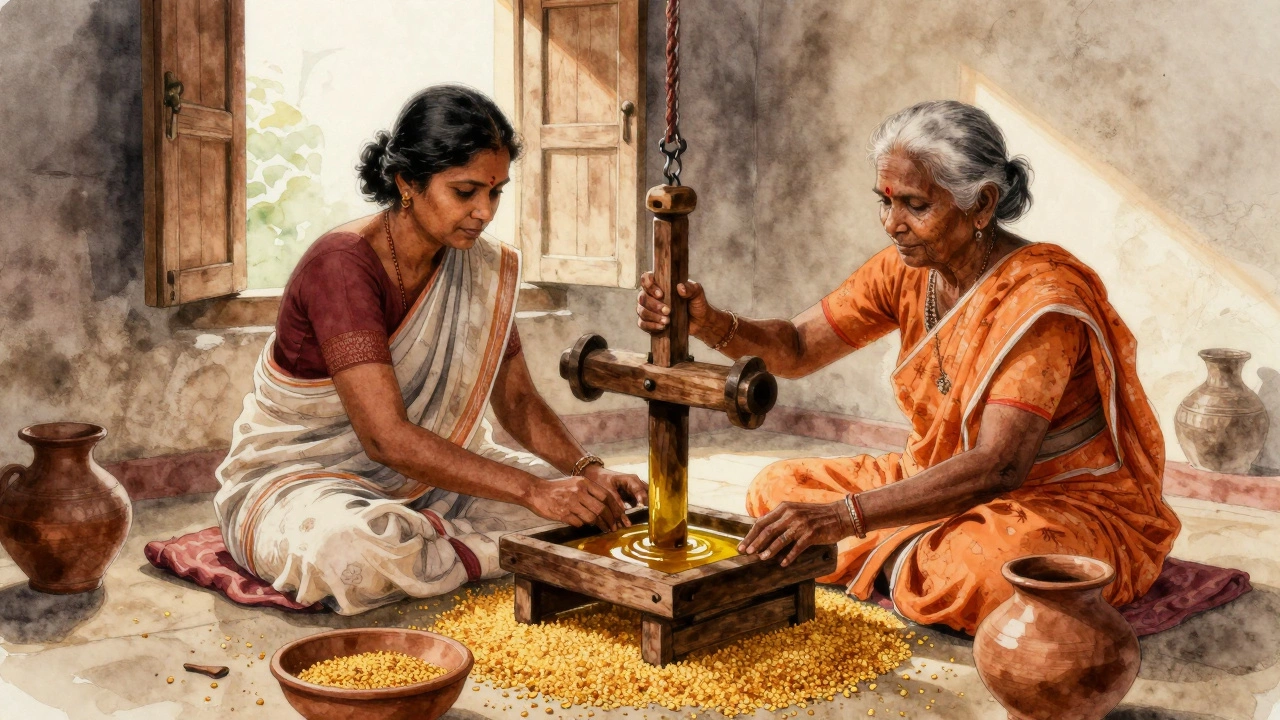 A woman helps an elder press mustard oil using a wooden press, surrounded by crushed seeds and clay pots in soft sunlight.