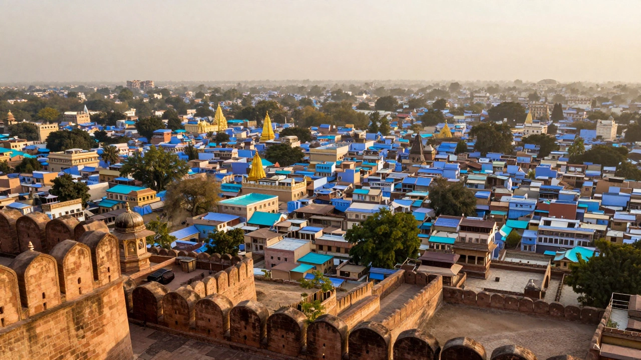 Aerial view of Jodhpur&#039;s blue rooftops seen from Mehrangarh Fort at sunset, with golden temple spires dotting the skyline.