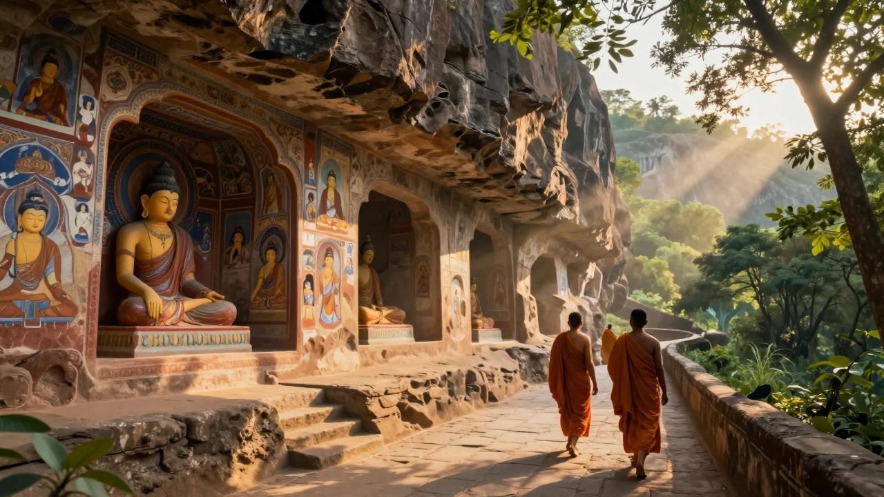 Ancient Buddhist frescoes inside the Ajanta Caves, illuminated by natural light.