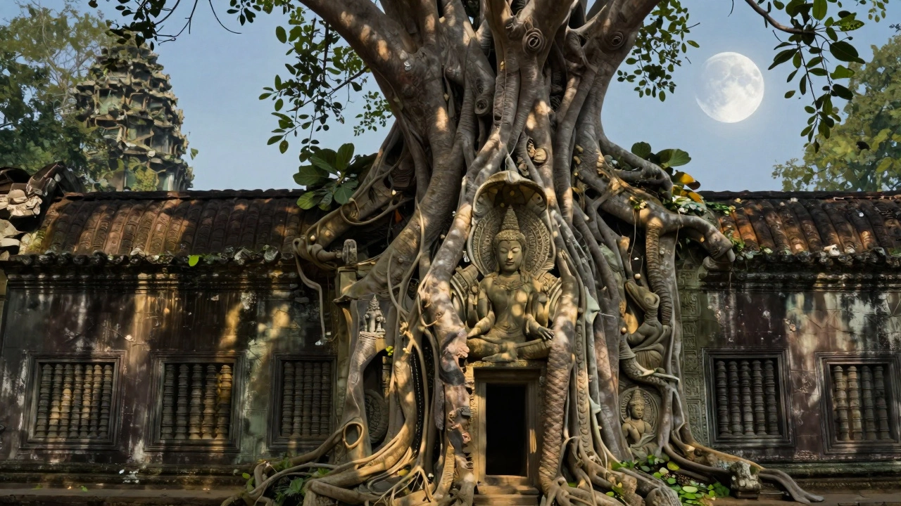 Angkor Wat as a tree with intertwined Hindu and Buddhist symbols under dual sunlight and moonlight.