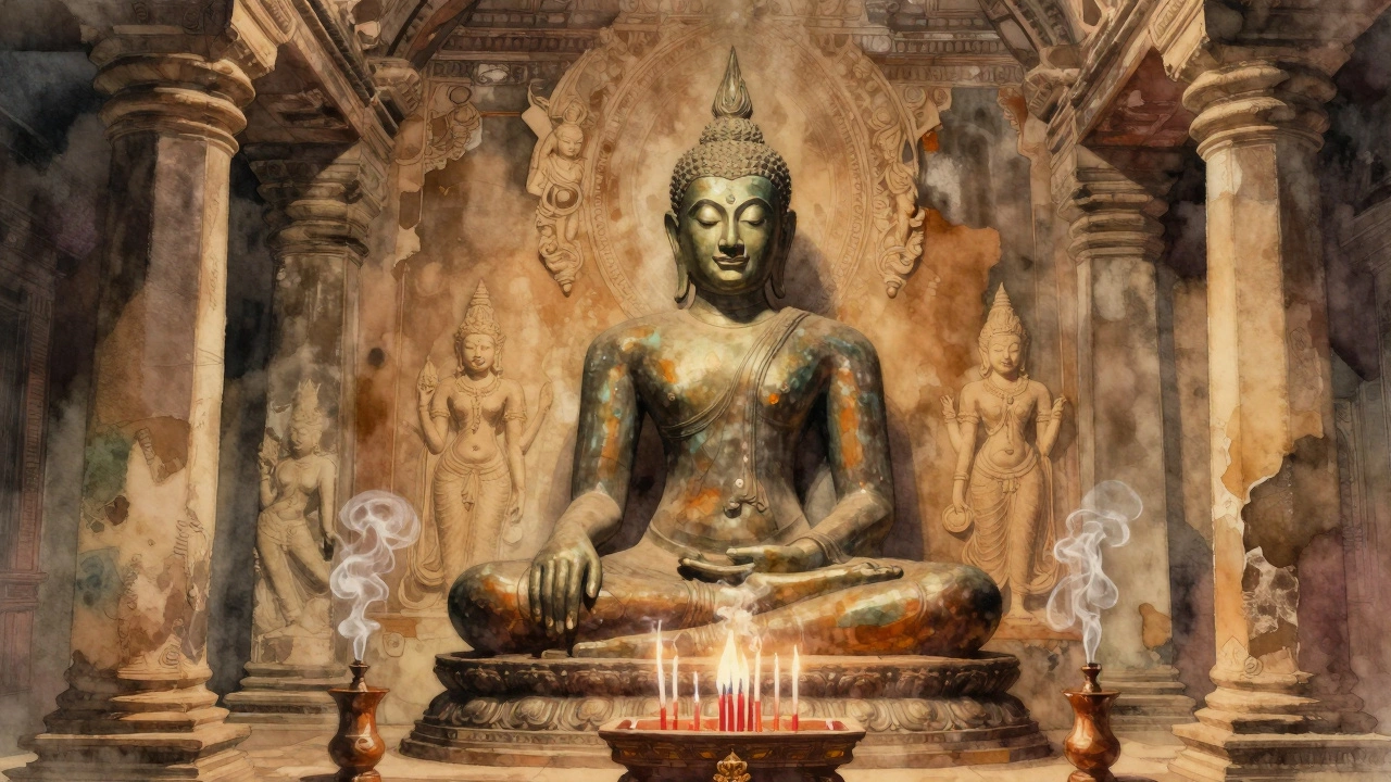 Buddha statue in the central sanctuary with faint Hindu deities visible through the plaster.