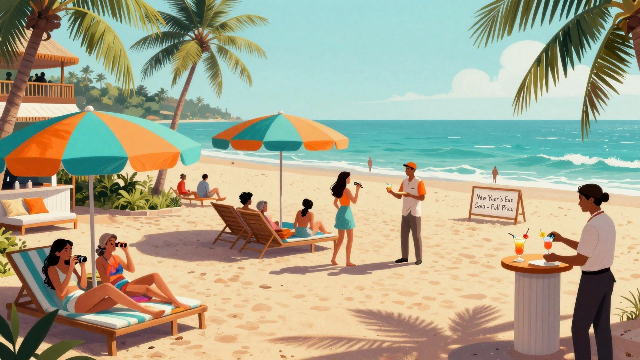 Busy beach resort in Goa with tourists and vibrant shacks during December holiday rush.