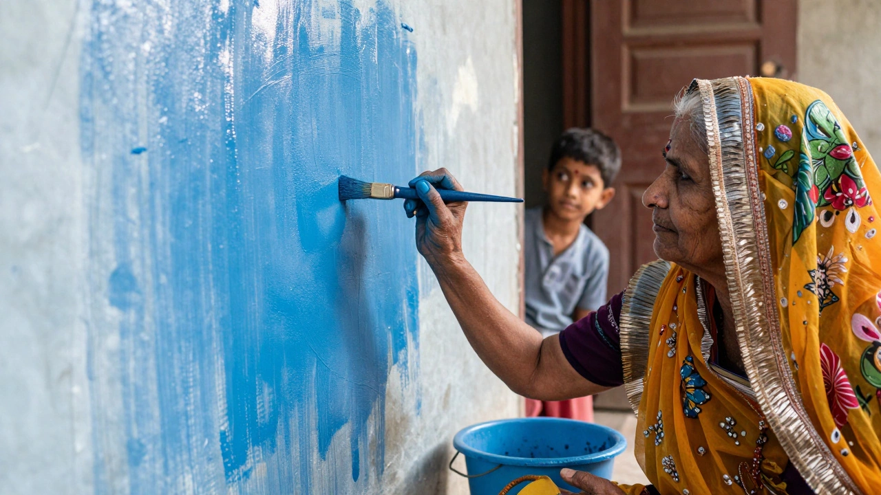 Elderly woman repainting a blue wall with natural lime and indigo paste, child watching nearby in traditional attire.
