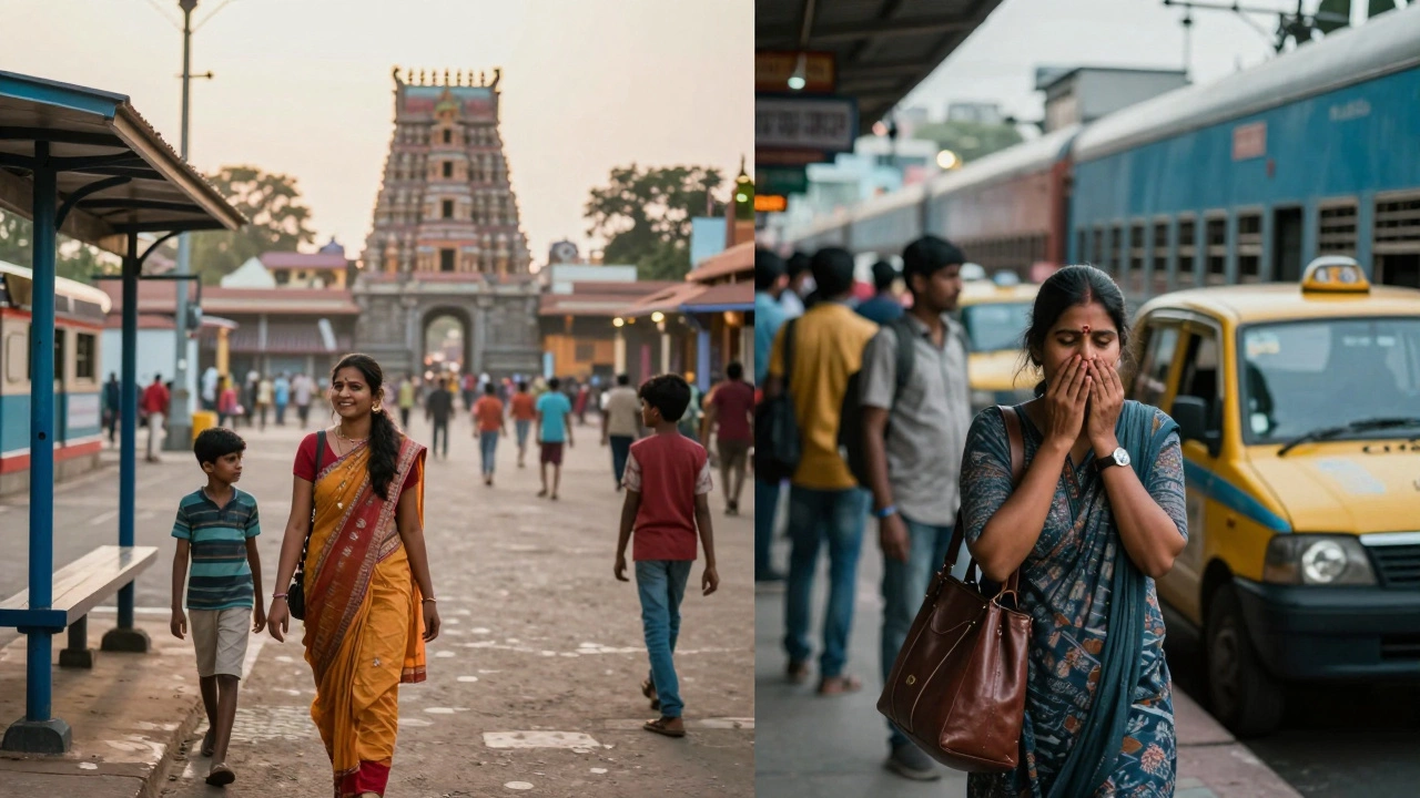 Left: a traveler is helped by children in a peaceful South Indian town. Right: a woman looks anxious in a chaotic North Indian train station.