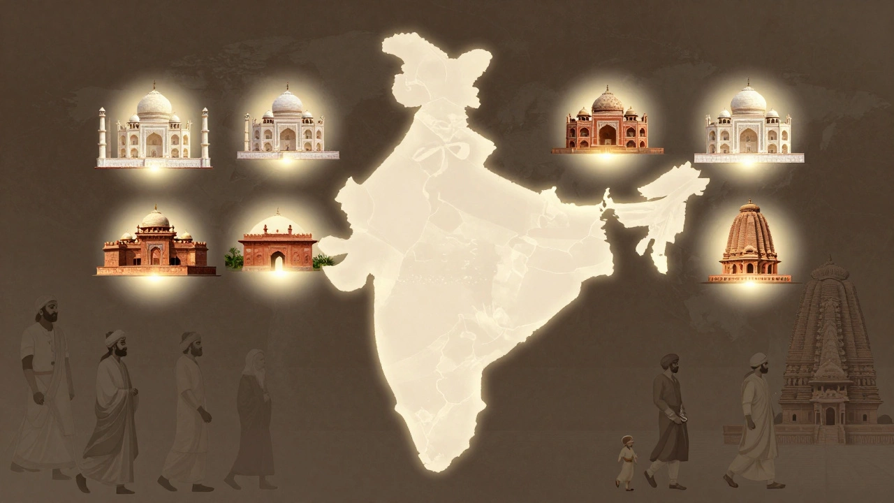 Map of India with seven glowing heritage sites concentrated in Uttar Pradesh.