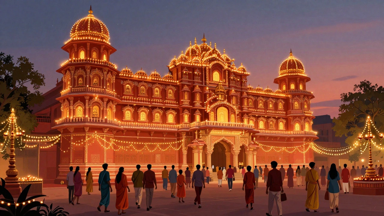 Mysore Palace glowing with thousands of lamps, locals walking through decorated streets at night.