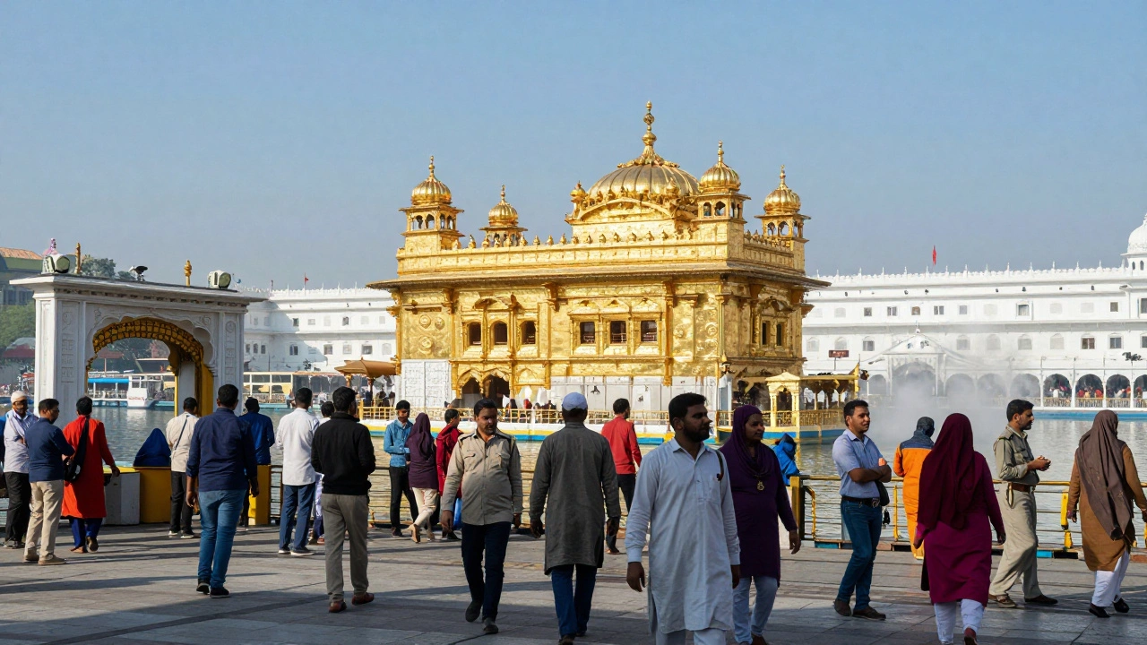 Peaceful scene near Amritsar&#039;s Golden Temple with pilgrims and tourists in harmony.