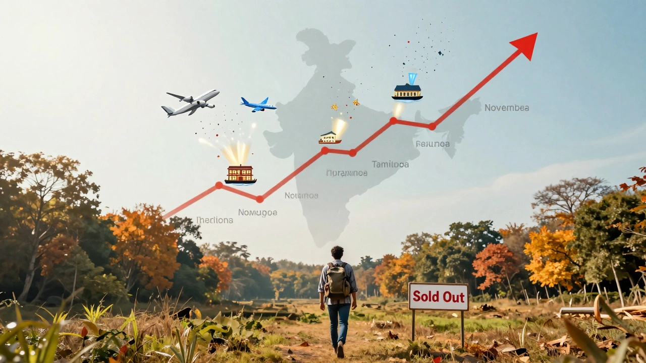 Price graph rising over South India map showing December travel cost surge versus off-season.