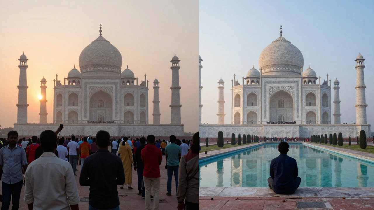 Split image: crowded sunset vs peaceful sunrise at Taj Mahal, symbolizing choice of experience.