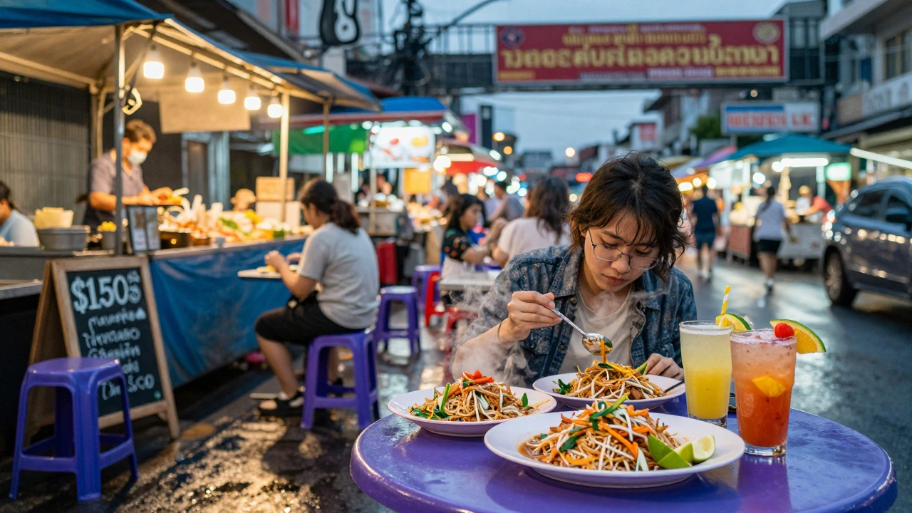 Street food meal in Bangkok with pad thai and smoothies