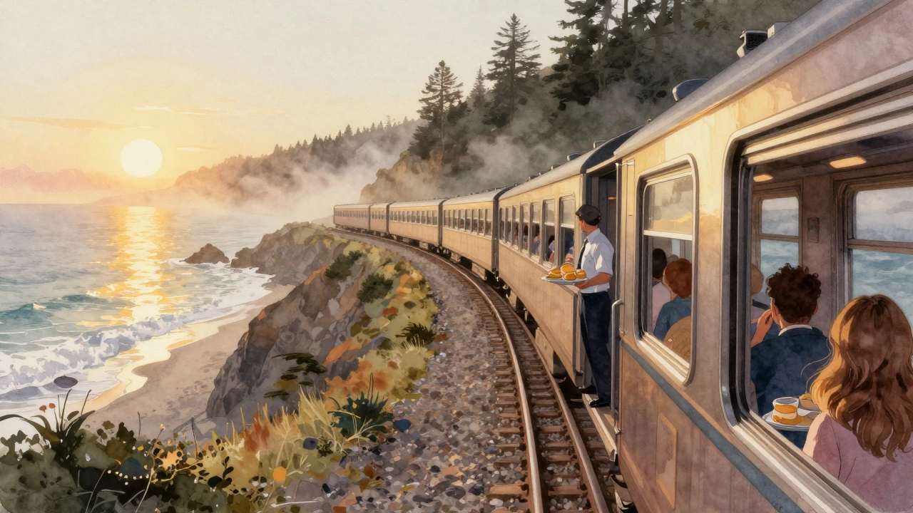 The Coast Starlight train travels along the Pacific coast at sunrise with passengers enjoying the view.