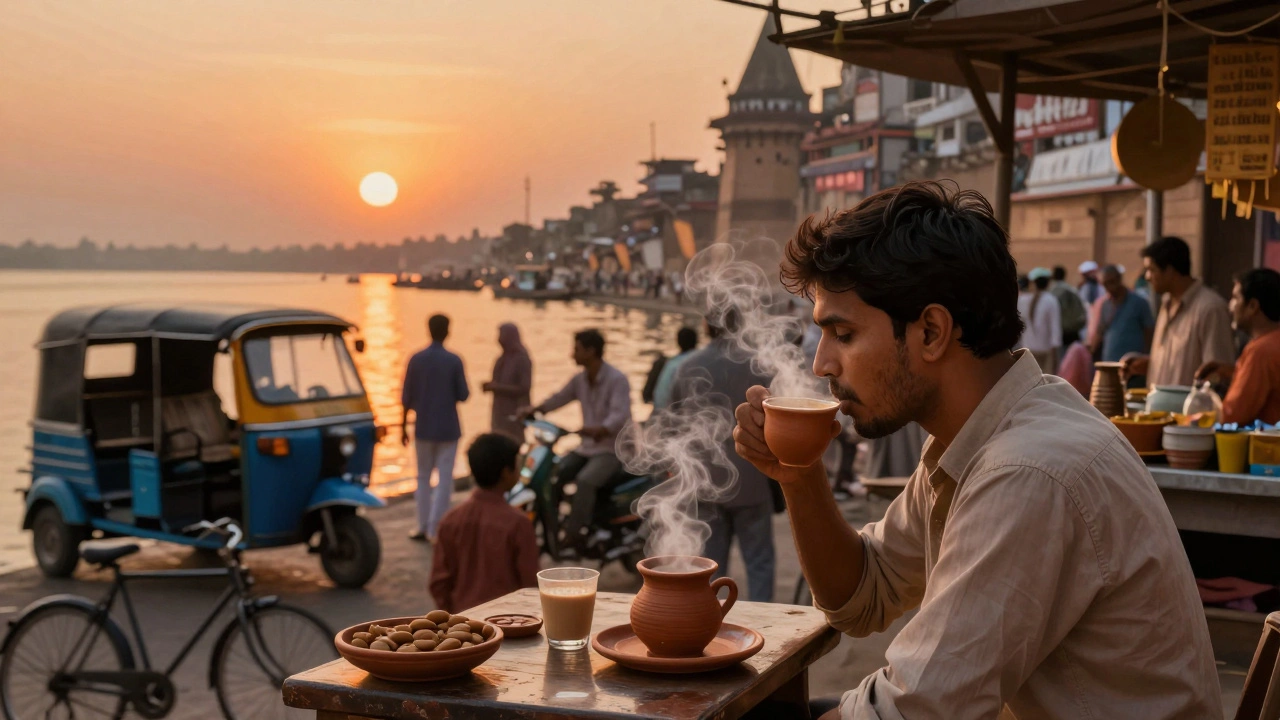 Tourist enjoying chai at a Varanasi street stall as the Ganges glows at sunset.