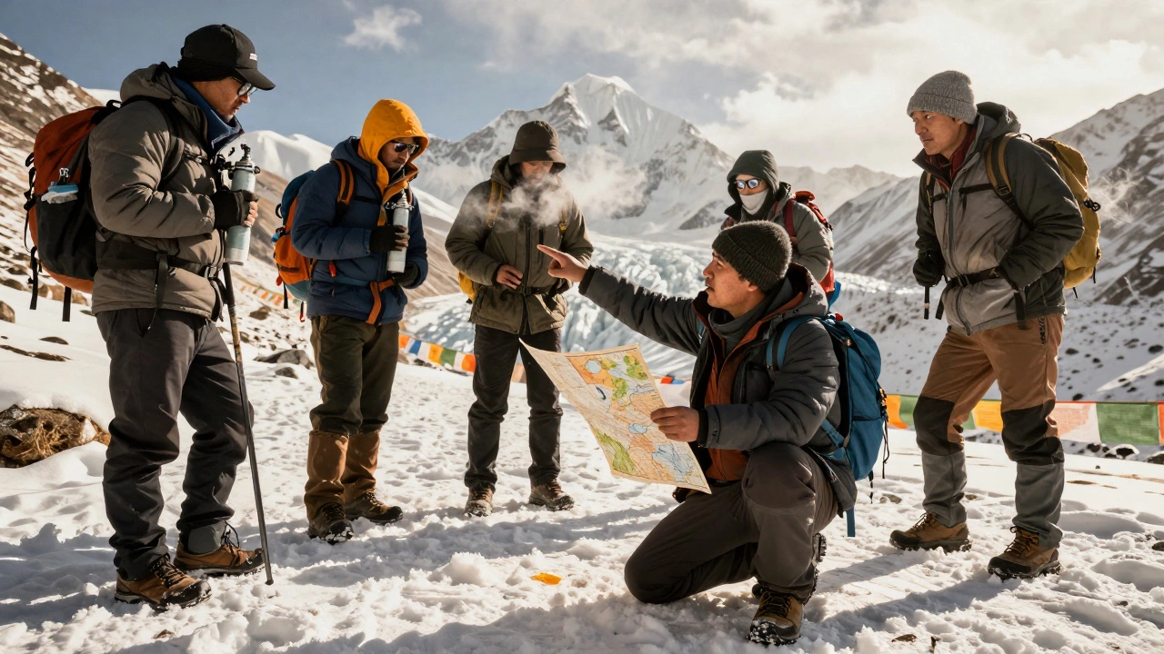 A local guide checking a trekker's oxygen levels at high altitude, snow and wind surrounding them.