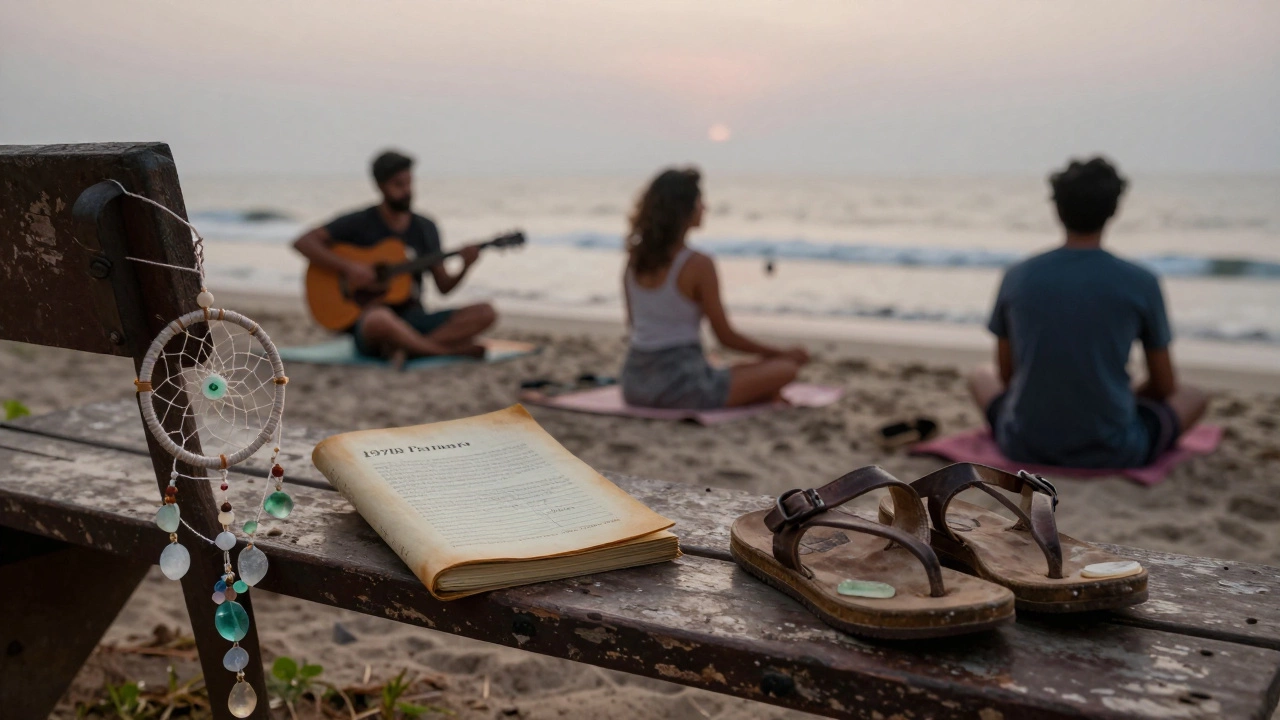 A weathered bench at Vagator Beach with a vintage journal and dreamcatcher, symbolizing Goa’s enduring counterculture spirit.