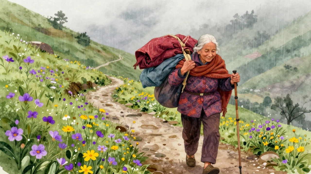 An elderly woman walking a flower-lined trail, supported by a local guide carrying her gear.