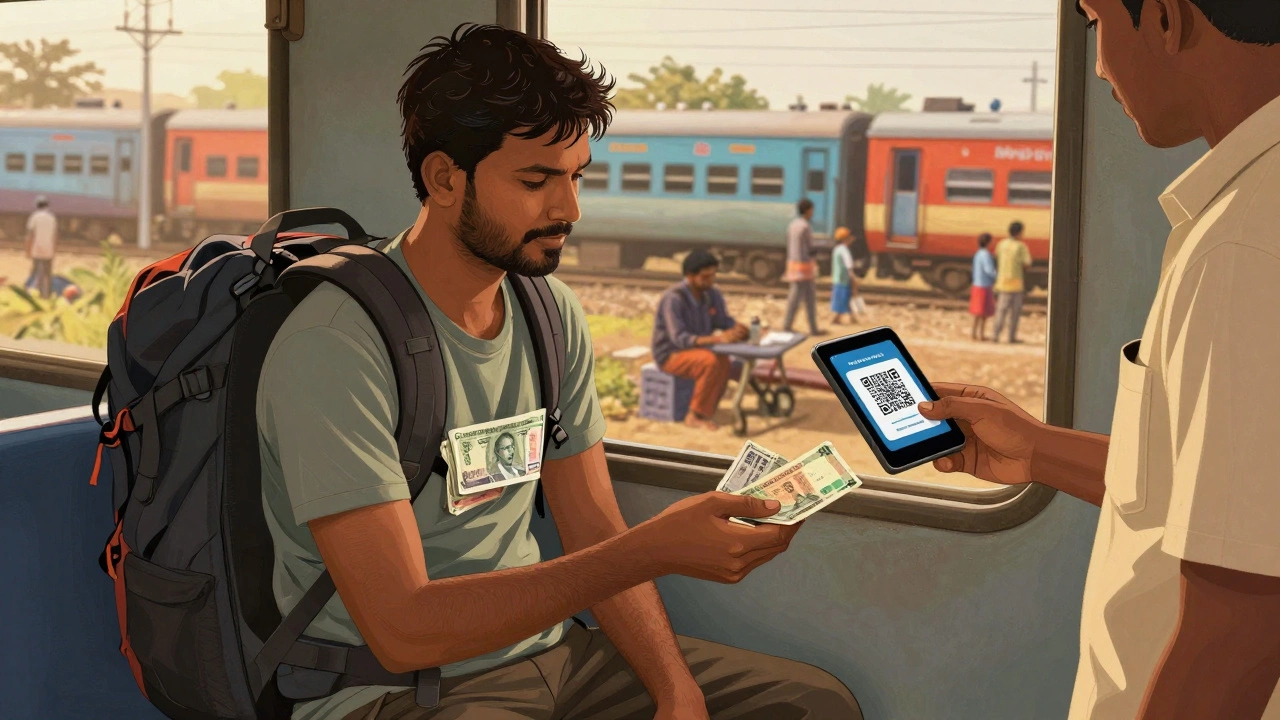 Backpacker paying a street vendor in India using ₹2,000 notes and a QR code payment.