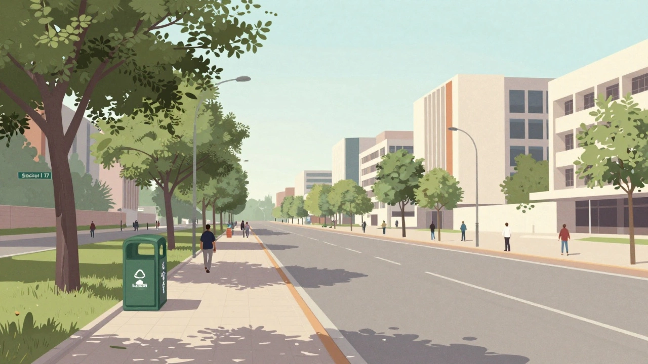 Clean, orderly Sector 17 plaza in Chandigarh with wide roads and modern architecture.