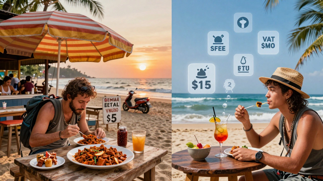 Contrasting scene: budget Goa meal vs expensive Bali beach club with cost icons floating above.
