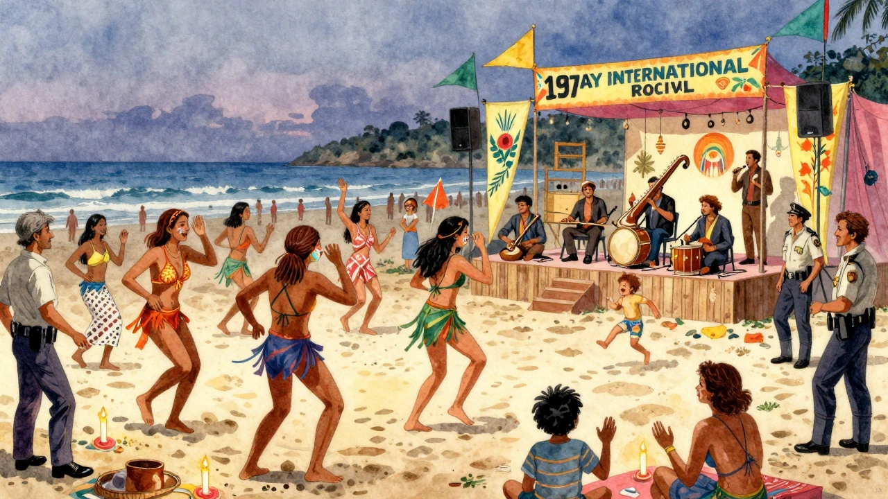 Crowd dancing at the 1974 Anjuna Rock Festival, musicians playing on a low stage as locals and tourists celebrate together.