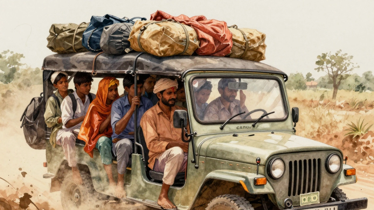 Crowded shared jeep with locals traveling through rural Rajasthan, dust in the air.