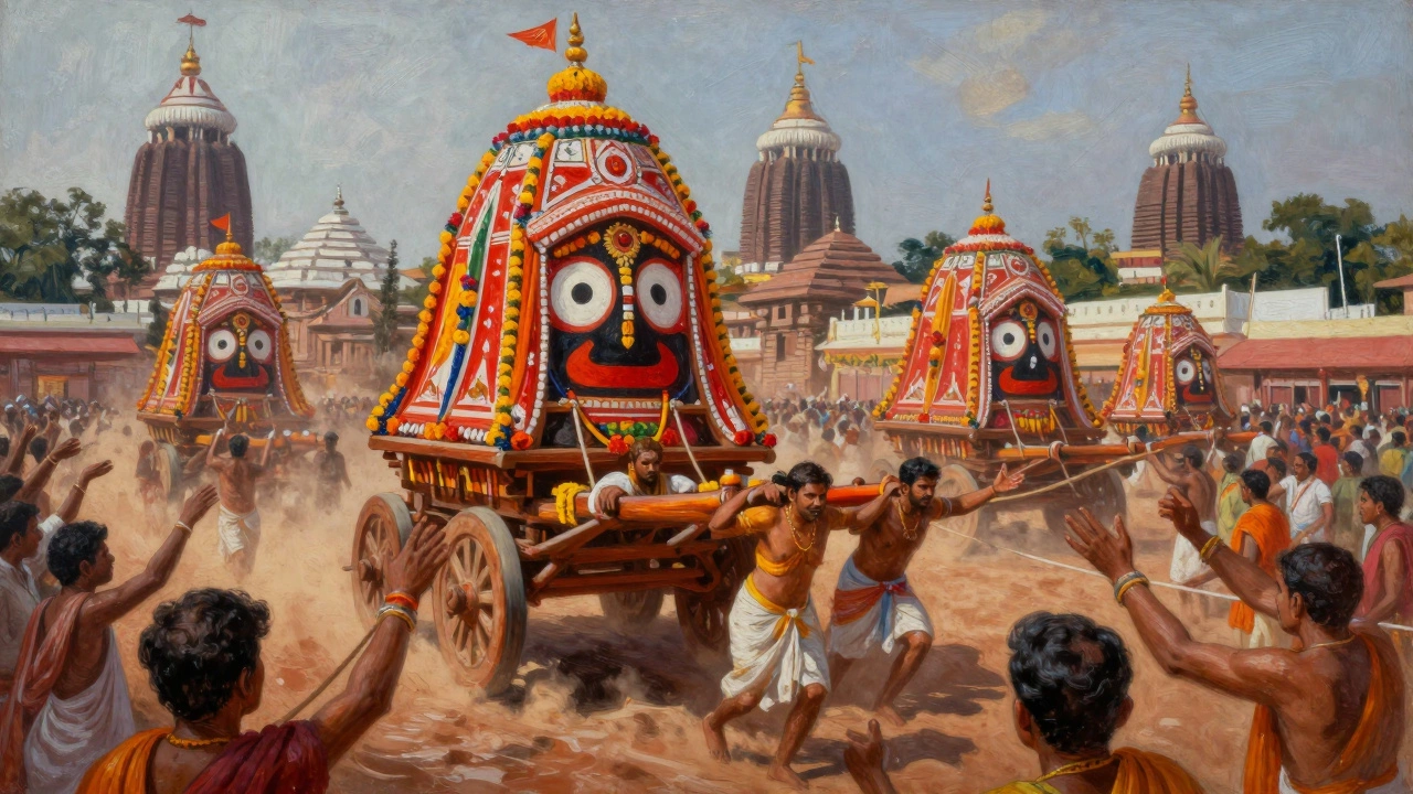 Crowds pulling colorful wooden chariots during Puri's Jagannath festival.