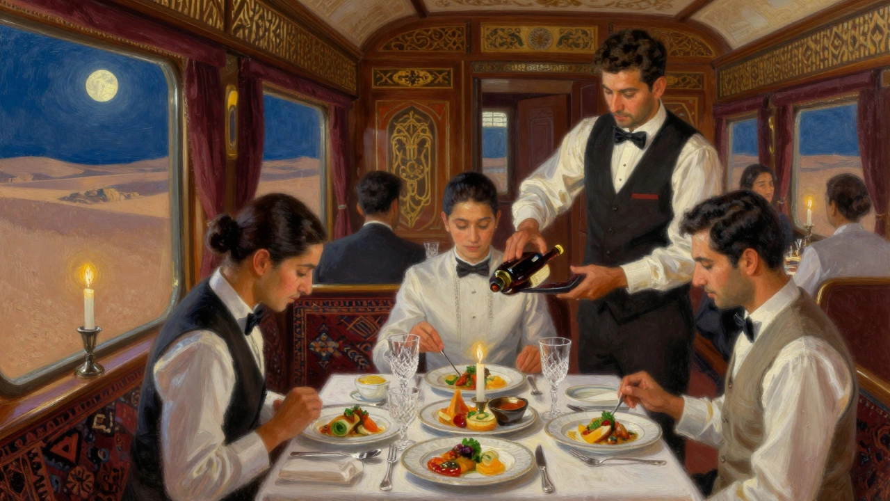Elegant dining car serving gourmet food on fine china, with candlelight and a sommelier pouring wine as desert landscapes pass by.