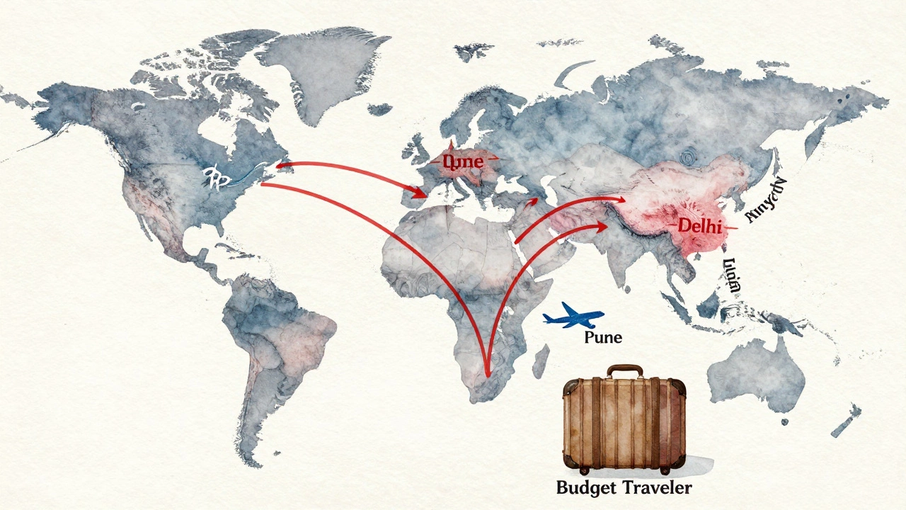 Global map with flight routes to India, highlighting cheaper travel times in blue and peak seasons in red.