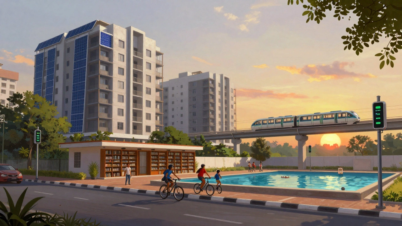 Hyderabad family biking past public facilities with metro and air quality monitors.