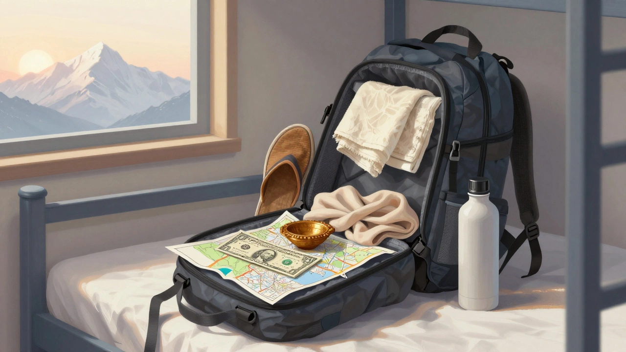 Open backpack on a hostel bed showing traditional Indian souvenirs and a dollar bill.