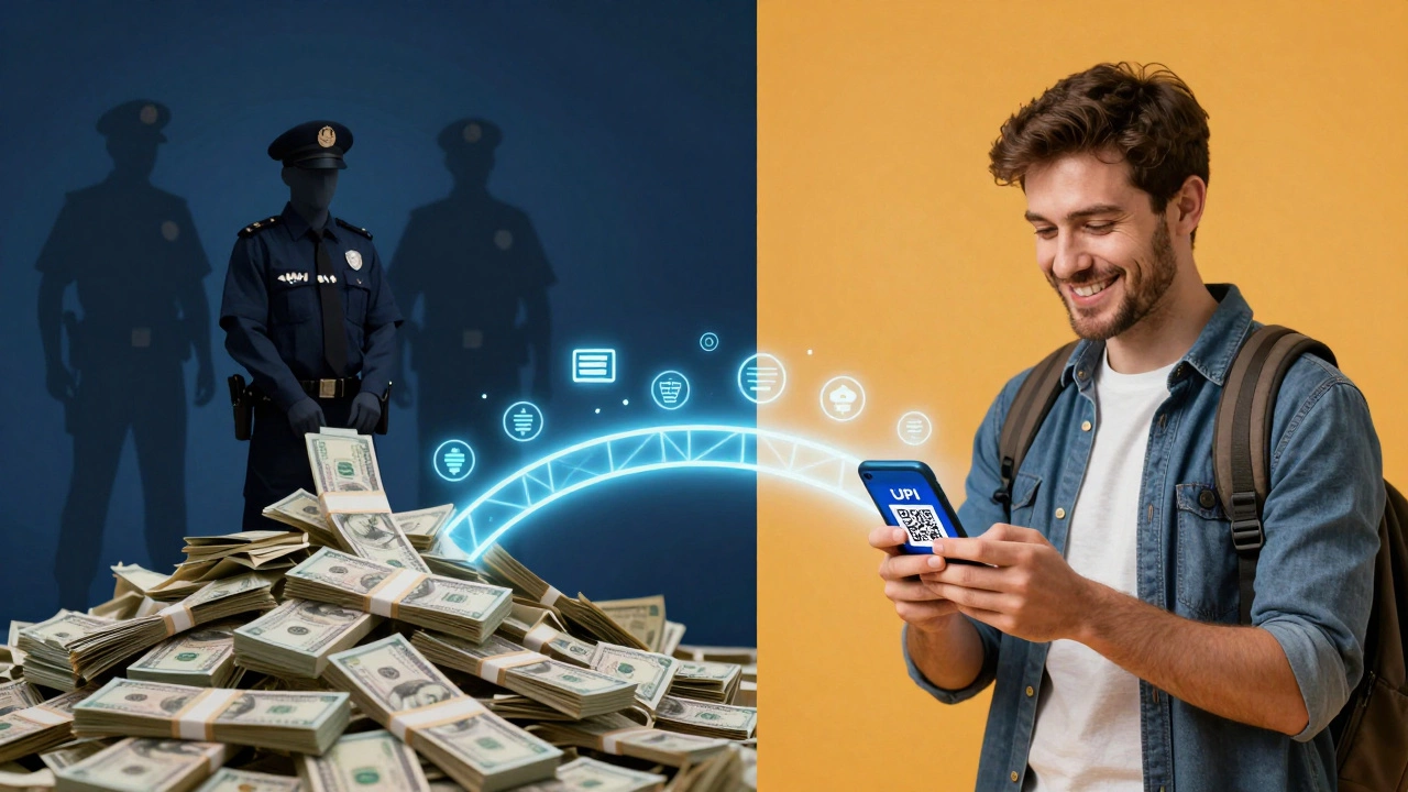 Split image: cash seizure vs digital payment, showing India's shift from cash to UPI.