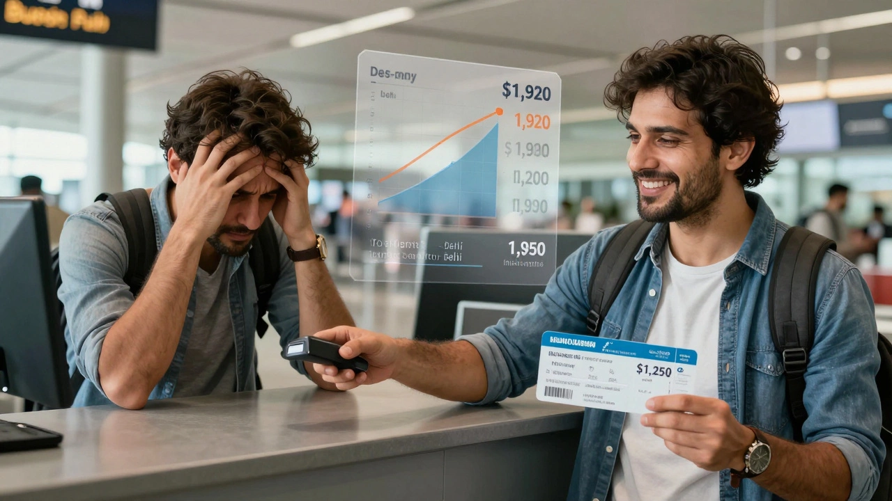Split image comparing high-cost last-minute flight purchase versus low-cost early booking for India.