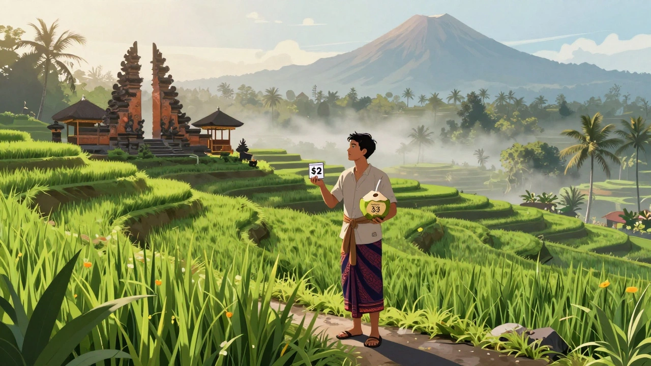 Traveler at Bali's rice terraces holding coconut water, wearing a sarong, misty mountains nearby.