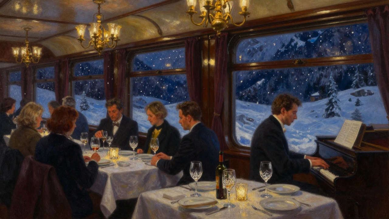 A quiet dining car at night, passengers in formal wear enjoying wine under antique chandeliers.
