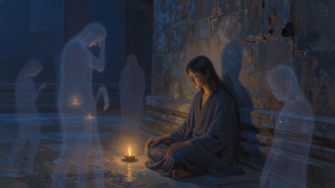 A solitary person sitting quietly in a temple corner, surrounded by faint ghostly silhouettes of past worshippers, soft ambient glow, peaceful yet emotionally heavy.