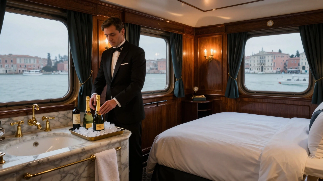 An opulent Grand Suite cabin with marble bathroom, vintage toiletries, and champagne on ice.