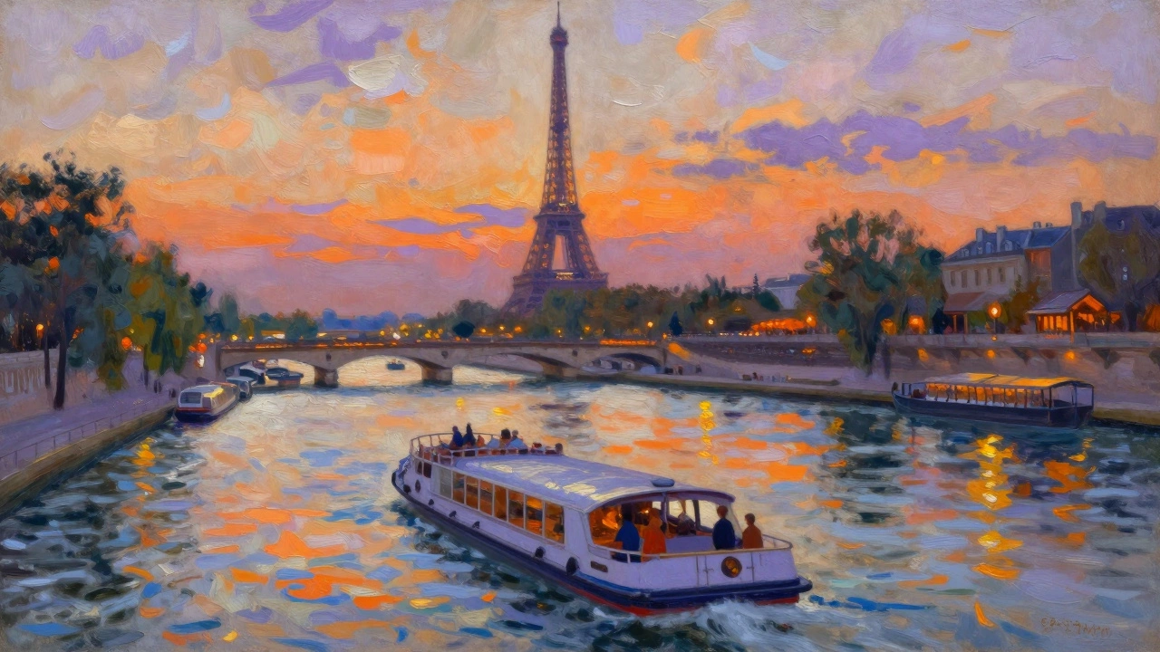 Couple on Seine River cruise with Eiffel Tower at sunset