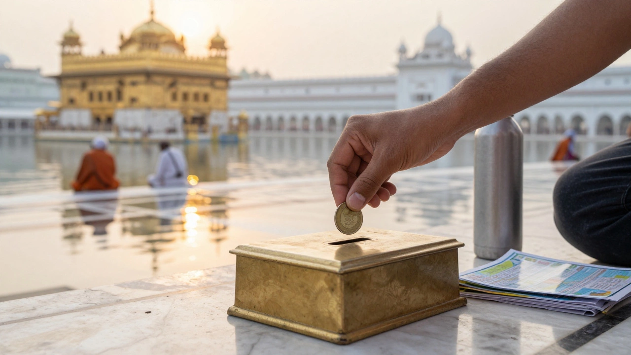 Hand placing a rupee coin into a donation box at the Golden Temple, soft golden light.